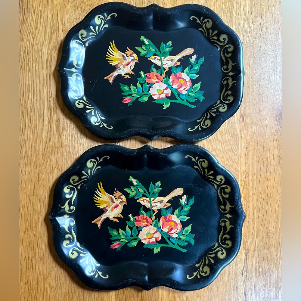 2 VTG Tole Hand-painted Black Tray Birds Flowers Toleware Metal Pair Serving